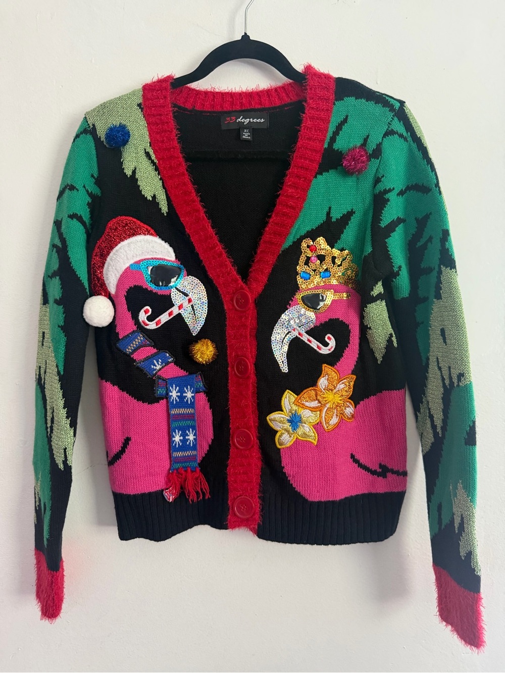 33 Degrees Christmas Flamingo Cardigan XS Sequin Ugly Holiday Sweater